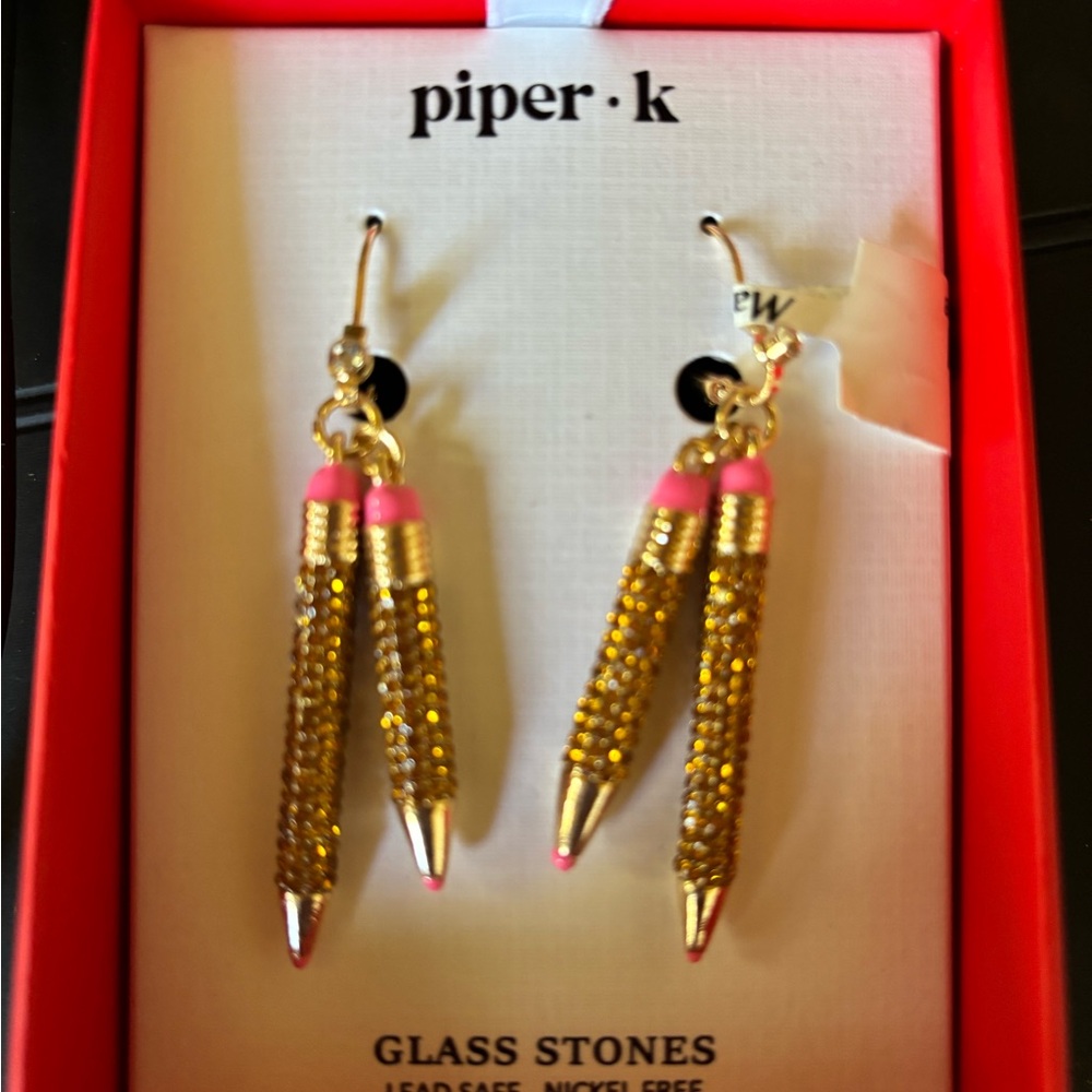 NIB Piper k sparkly Gold and Pink Pencil Earrings